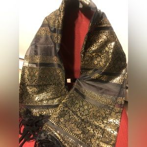 Vintage new black chiffon & metallic gold scarf wrap table runner.21” x 60”